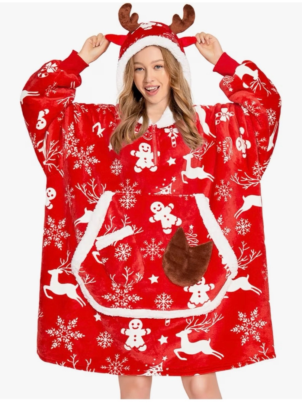 OLAOLA Sherpa Fleece Wearable Blanket Hoodie Sleeves Pocket Red Reindeer